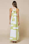 Kiwi  Geo Print Front Tie Keyhole Halter Maxi Dress