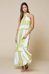Kiwi  Geo Print Front Tie Keyhole Halter Maxi Dress