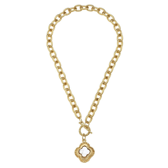 Susan Shaw - Handcast Gold Clover with Genuine Mother of Pearl Necklace